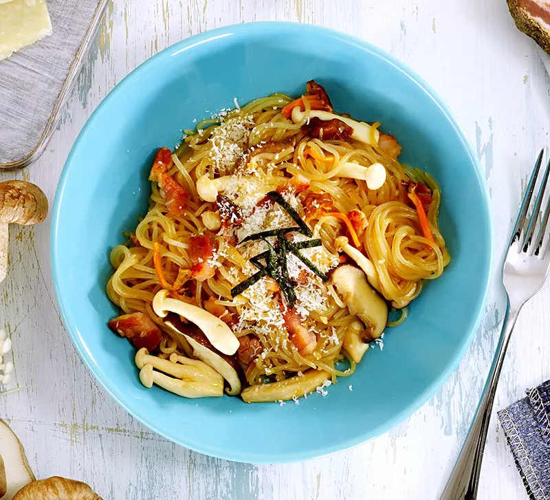 Wafu Shirataki Pasta with Pancetta and Mushrooms