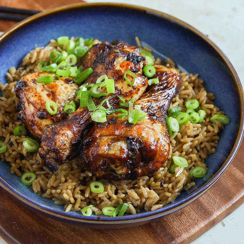 Spicy Orange Chicken Drumsticks with Shiitake Rice