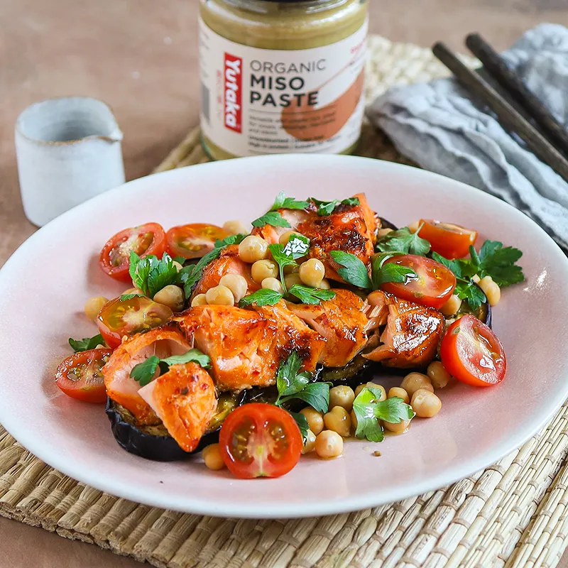 Salmon with Miso Glazed Aubergine Salad