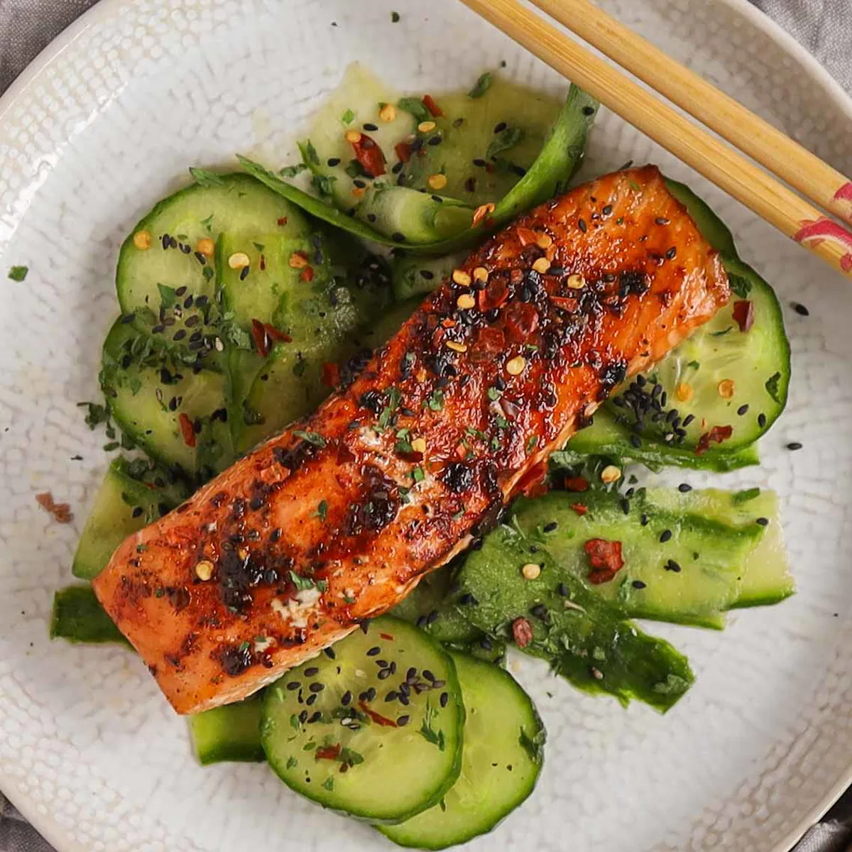 Wasabi Soy Salmon with Pickled Cucumber
