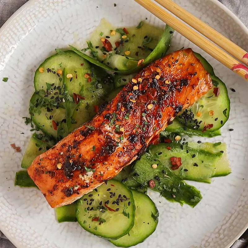 Wasabi Soy Salmon with Pickled Cucumber