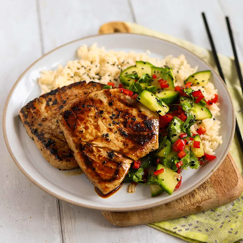 Tuna steak with Cucumber Salad and Rice