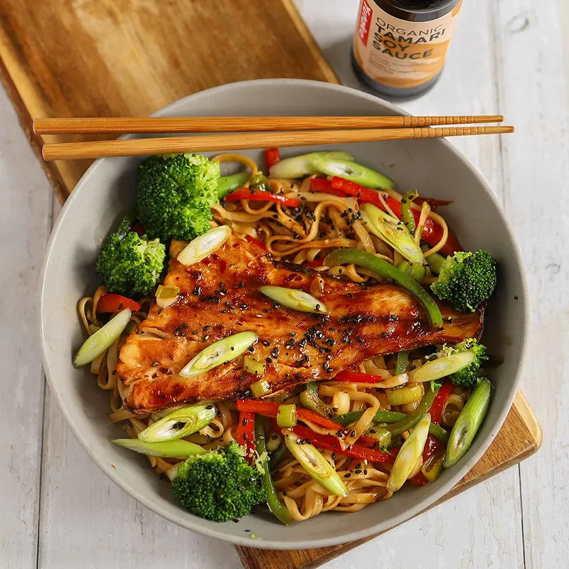 Grilled Teriyaki Fish with Vegetables and Noodles